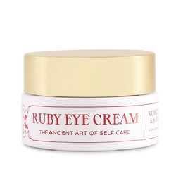  Ruby eye cream in a gold jar with a pink flower and saffron spice. Moisturizing eye cream with natural ingredients.