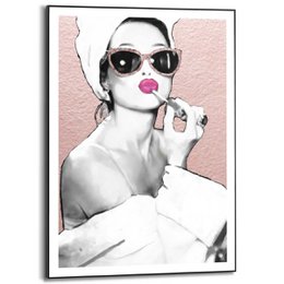  Stylish black and white poster featuring a woman in sunglasses and lipstick. Suitable for home or office decor.