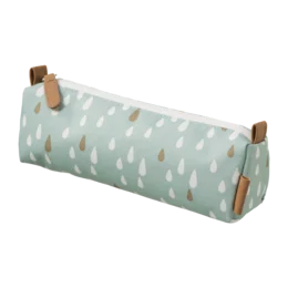 A blue pencil case with a pattern of white and gold drops. The case is made of a durable material and has a rectangular shape.