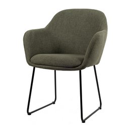 Stylish green upholstered dining chair with curved backrest and black metal legs. Suitable for modern dining rooms or home offices.