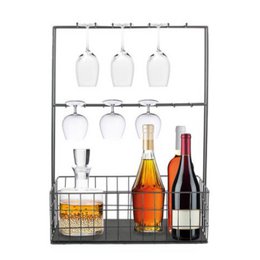 A black metal wine rack with space for 6 wine glasses and 3 wine bottles. The rack has a modern, minimalist design that would complement a variety of kitchen or bar decor styles.