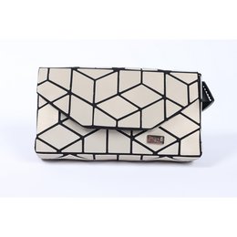Beige belt bag with geometric pattern, made of silk material, suitable for casual or formal wear.