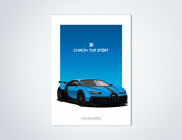 Stylized poster featuring the Bugatti Chiron Pur Sport in various color variants including yellow, red, black, white, and blue. The poster showcases the sleek, aerodynamic design of the high-performance sports car.