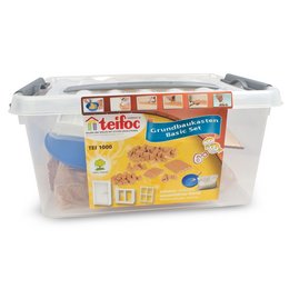 Teifoc Building Kit - Basic Set, a kids toy construction set made of bricks and mortar, includes various brick shapes and sizes in a clear plastic storage container.
