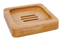 Square bamboo soap dish with slatted design for drainage.
