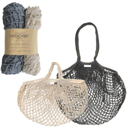 Two reusable mesh shopping bags in black and beige colors, made of natural materials.