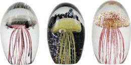 "Set of 3 decorative glass jellyfish paperweights in various colors and styles. Unique home decor accents with a whimsical, underwater aesthetic."
