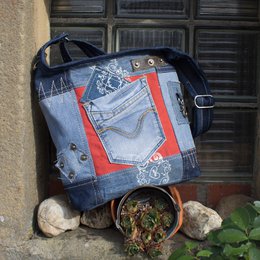 Sunsa dames schoudertas. Schoudertas gemaakt van upcycled jeans en canvas. Handtas vintage retro-stijl. Crossbodytas voor dames.