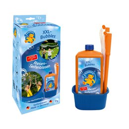 Large bubble maker with blue and orange container, designed for outdoor use to create large, long-lasting bubbles.