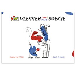 A children's book titled "Vlekken boekje" featuring illustrations of a character with a stain on their clothing and a person holding a book. The book appears to be about reading and stains.