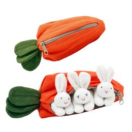 Plush bunnies in a carrot-shaped accessory case, perfect for Easter decor. The accessory features a soft, orange exterior with a zipper closure and three white bunny figurines nestled inside.