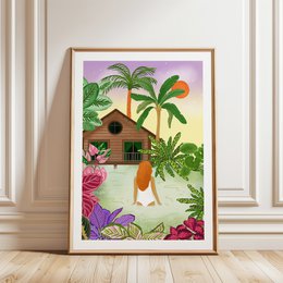  Vibrant jungle-themed art print featuring a hut surrounded by lush botanical elements, including palm trees, tropical flowers, and a woman in a colorful dress.
