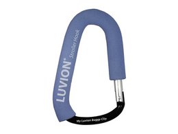 A blue stroller hook with the word "Luvion" printed on it.