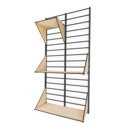 Black metal shelving unit with wooden shelves, suitable for bathroom storage.