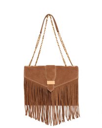 Tan suede handbag with fringe detailing and gold-tone chain straps.