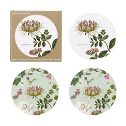 Set of 4 round coasters featuring the Flora Danica botanical illustration of a pink protea flower. The coasters have a neutral color palette and a vintage, botanical design.