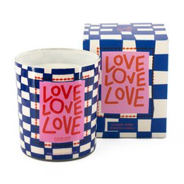  Scented candle with a tall, round shape in a blue and white checkered pattern. The candle label features the text "LOVE LOVE LOVE" in a bold, red font.