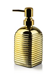 Gold-colored soap dispenser with a ribbed texture and a pump top. Measures approximately 19cm tall and 7.8cm wide. Suitable for use as a bathroom or kitchen soap dispenser.