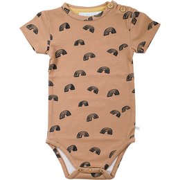 A tan-colored baby romper with a repeating pattern of black half-moon shapes. The romper appears to be made of a soft, comfortable material and is suitable for infants or young children.
