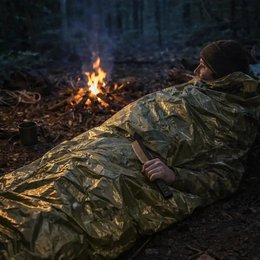 "Thermal emergency survival sleeping bag, ultra-compact, waterproof, camping, hiking, outdoor gear, orange, camouflage, khaki colors"