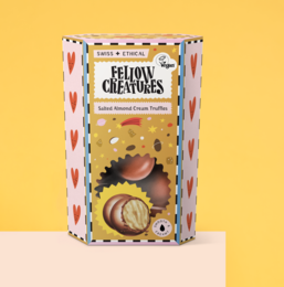 Salted almond cream-filled truffles in a festive gift box. Chocolate treats with a creamy almond center.