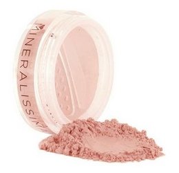 Mineral blush in a soft pink shade with a shimmery finish. Suitable for adding a natural-looking flush to the cheeks.