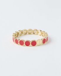  Gold-tone beaded bracelet with alternating red and cream round beads, elastic stretch design.