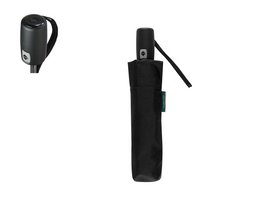  A black, folding umbrella with an easy open and close mechanism and windproof design.