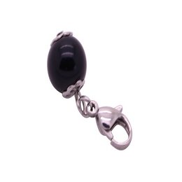 Black dangle pearl pendant with silver-tone hardware. Oval-shaped black pearl hangs from a lobster clasp closure. Suitable for casual or formal wear.