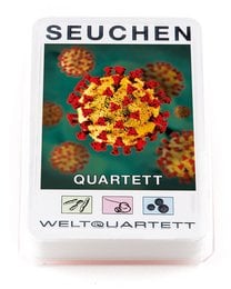 "Quartet 'Seuchen 1' board game featuring COVID-19 virus illustration. Includes information about the game and its components."