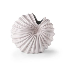 Minimalist white ceramic vase with pleated design, available in small and medium sizes.