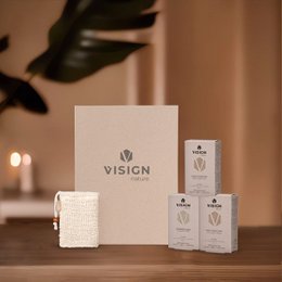Gift box containing shampoo bar, conditioner bar, body wash bar, and solid bar bag. The products are from the VISION brand and feature the text "There's no planet B" and "Nature's best" on the packaging.
