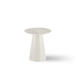  Sleek, round side table made of travertine stone, measuring 45 cm in diameter. Suitable for use as an end table or accent piece in a modern living room or bedroom.