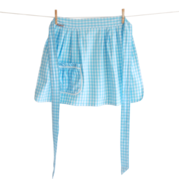  Turquoise gingham apron with pockets and tie waist, suitable for kitchen or gardening use.