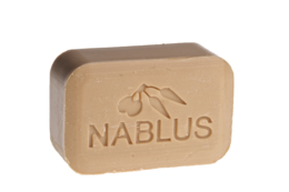 Organic olive oil soap with pomegranate scent, rectangular shape, beige color with checkered pattern packaging.