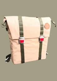 Eco-friendly kids backpack in sand-reed green color, made of hemp material, featuring cat eye design and adjustable straps.
