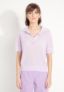 AVA 1 Short-sleeved cashmere polo shirt with lilac pointelle knit