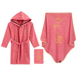 Luxus Baby Wellness Set (3 teilig) Bademantel, Kapuzendecke, Waschlappen 100% Baumwolle - in Gold gesticktes Tiermotiv Giraffe