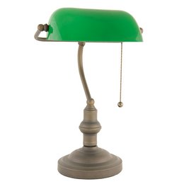 A green and brown desk lamp with a round shade and E27 bulb socket, measuring 27cm in diameter and 40cm in height.