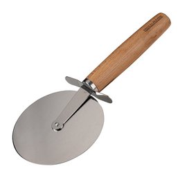  A large round pizza cutter with a wooden handle. The cutter has a stainless steel blade and is designed for cutting and serving pizza. The product is from the Fackelmann brand and is part of their Pizza & Pasta line.