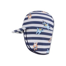  A striped sun cap for children, featuring a navy and white striped pattern with small animal graphics. The cap has a flap to protect the neck and ears from the sun.