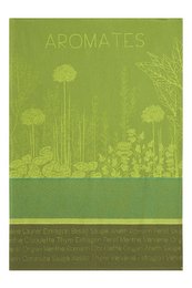 A green, nature-inspired tea towel featuring a jacquard cotton design with various garden herbs and plants. The towel measures 50x75 cm and is suitable for use in the kitchen.