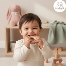 Soft, textured bear-shaped wooden and silicone teether in khaki color. Features various textures to soothe baby's gums during teething.