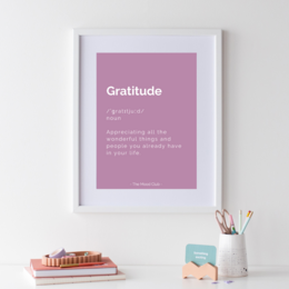 Lilac-colored poster with the definition of "Gratitude" in a minimalist design. Suitable for home decor or office wall art.