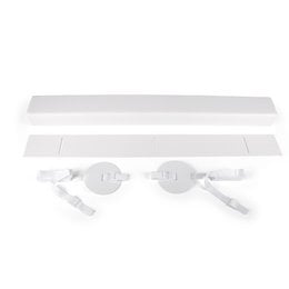 White co-sleeping device for cot bed. Designed for safe co-sleeping with baby. Includes adjustable straps and safety features.