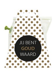 A white and gold polka dot tea brewer with the text "Ju Bent Goud Waard" on the label. The tea brewer appears to be made of ceramic or porcelain and has a green handle.