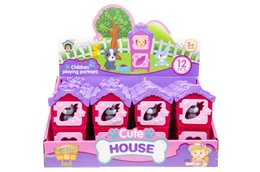  Pink double cage pet house toy with purple roof, colorful accessories, stackable design for small animals.