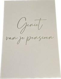 A gold foil retirement card with the text "Geniet van je pensioen" (Enjoy your retirement) written in cursive script.