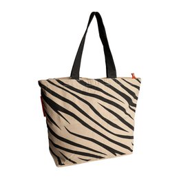  Durable shopper bag made from recycled bed linen with a zebra-striped pattern.