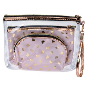 Toiletry Bag Ladies Set of 3 23x17 / 20x13 / 18x12 cm Pink Gold-colored Polyester Hearts